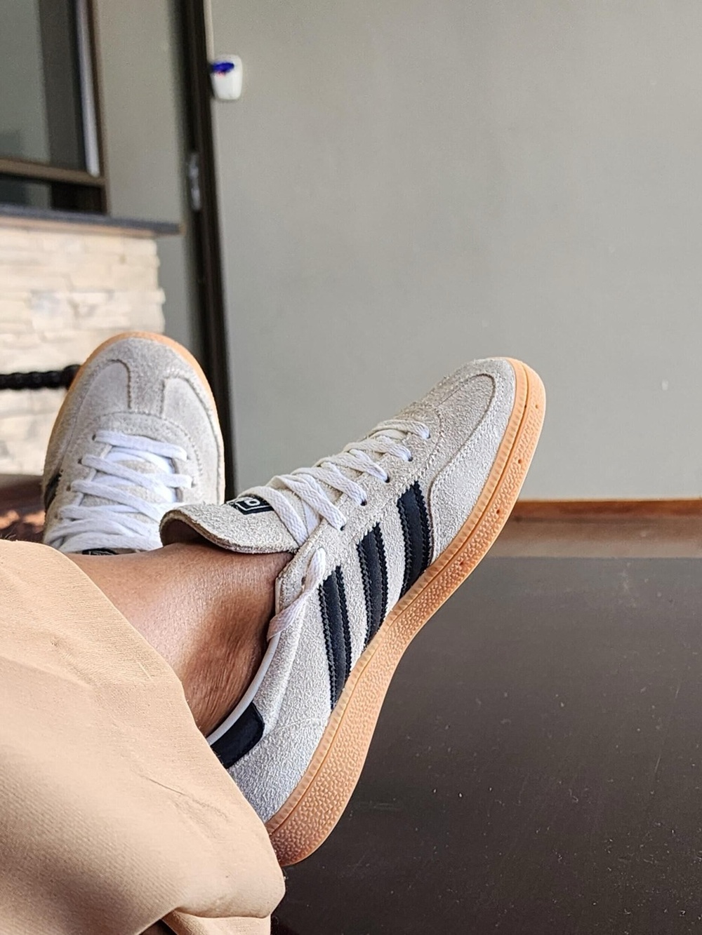adidas Cream Suede Sneakers with Black Stripes and Gum Sole
